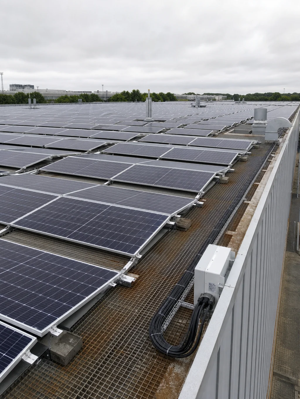 Modern solar panel installation on industrial rooftop